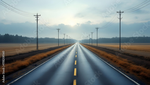 A long, wet asphalt road stretches into the distance, flanked by power lines and golden fields under a hazy sky. Tranquil rural scene.