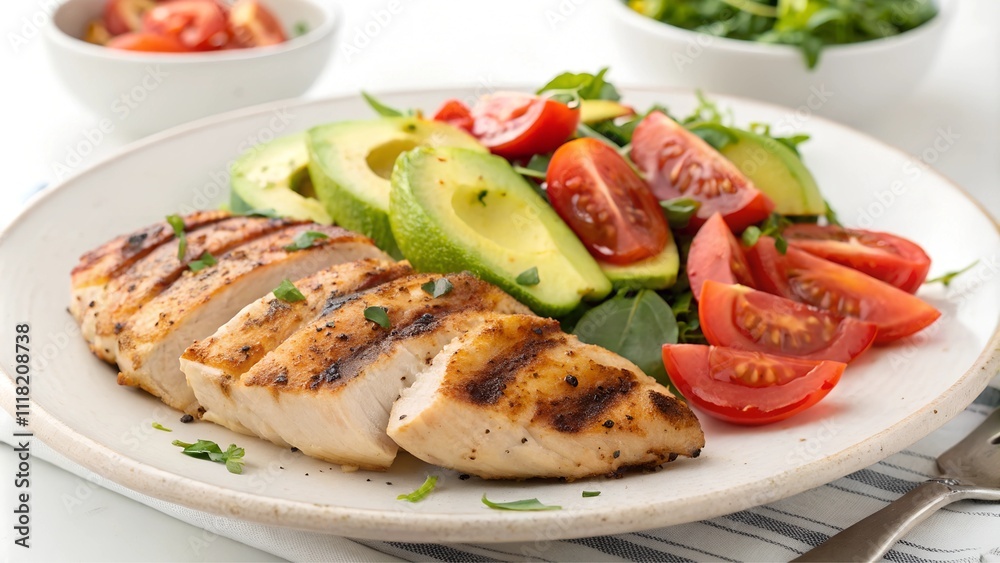 Grilled Chicken with Fresh Tomato and Avocado Salad, Healthy Food, Keto Diet, White Background Grilled Chicken with Fresh Tomato and Avocado Salad, Healthy Food, Keto Diet, White Background