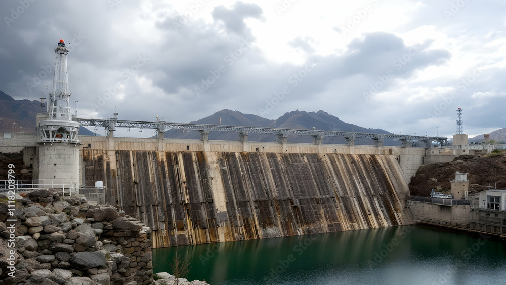 A large concrete dam stands against a backdrop of mountains under a cloudy sky. The dams water reservoir is dark green. A lighthouselike structure is prominent. A large concrete dam stands against a backdrop of mountains under a cloudy sky. The dams water reservoir is dark green. A lighthouselike structure is prominent.