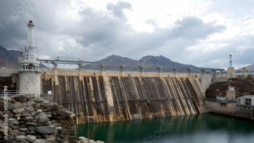 Wallpaper Mural A large concrete dam stands against a backdrop of mountains under a cloudy sky. The dams water reservoir is dark green. A lighthouselike structure is prominent. Torontodigital.ca