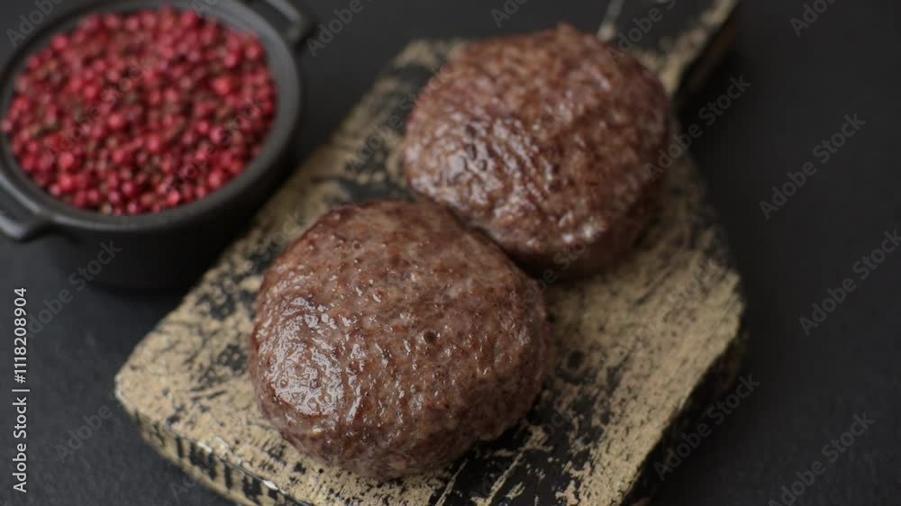 Beef burger patties with salt, spices and herbs grilled on a dark concrete background Beef burger patties with salt, spices and herbs grilled on a dark concrete background