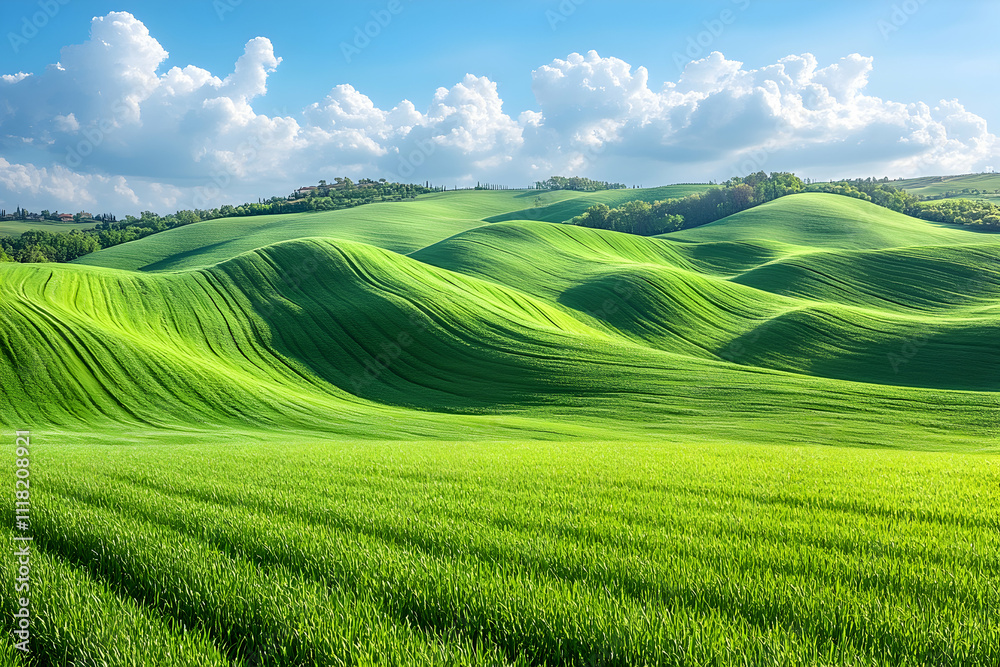 Rolling green hills under a bright blue sky with fluffy white clouds. Rolling green hills under a bright blue sky with fluffy white clouds.