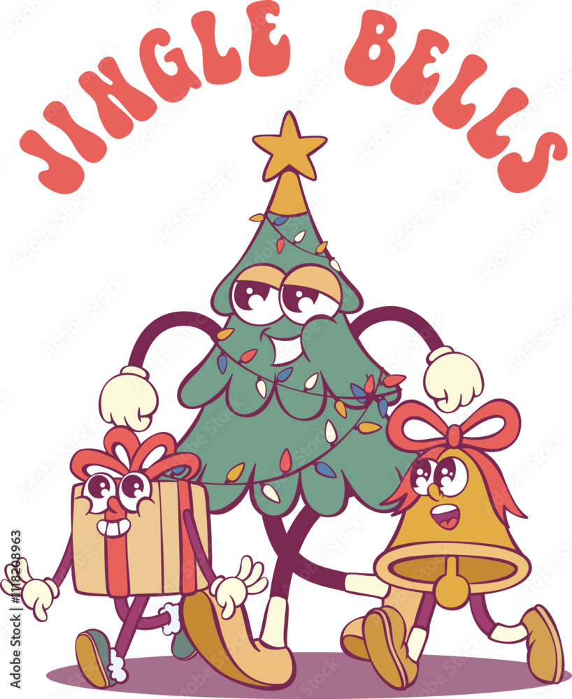 Naklejka premium Cheerful Christmas groovy characters retro card