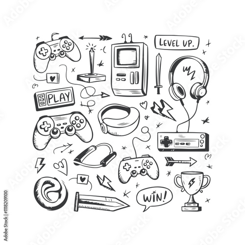 Video game hand drawn doodle set Vector Design Illustration