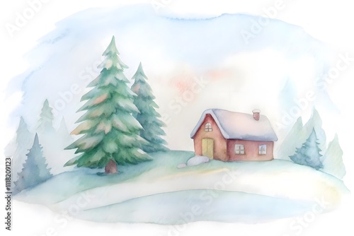 winter landscape with cozy home and christmas tree watercolor isolated on transparent background