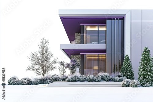 dark purple and silver miniature realistic vector luxury hotel side view with modern architecture and greenery plant and flowers on white snow background 