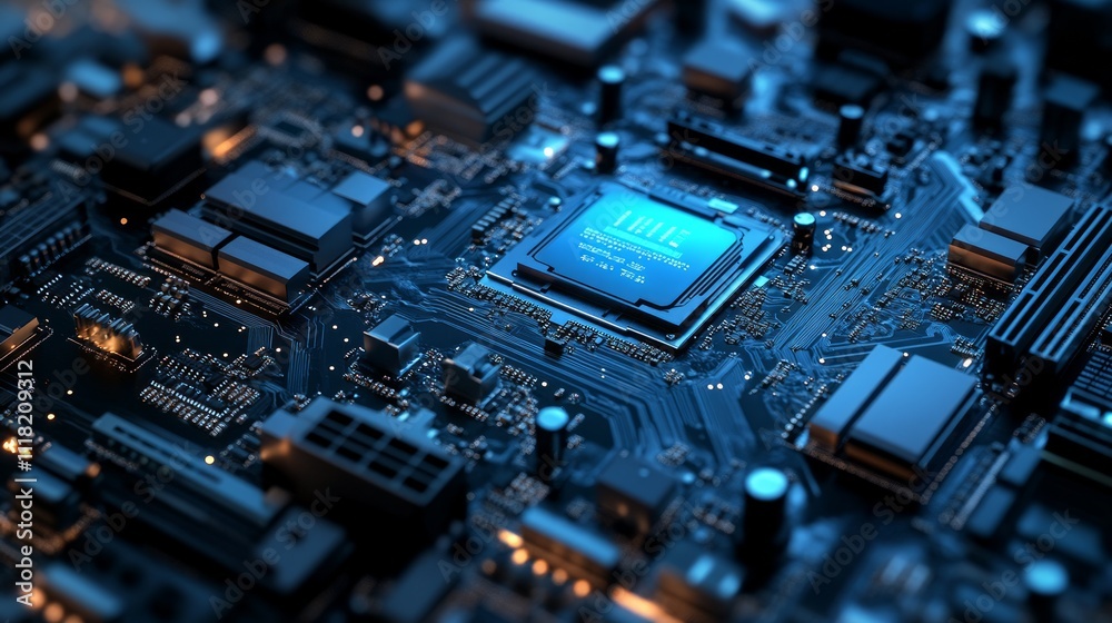 Close-up of a computer motherboard with a central processing unit (CPU) chip. Close-up of a computer motherboard with a central processing unit (CPU) chip.