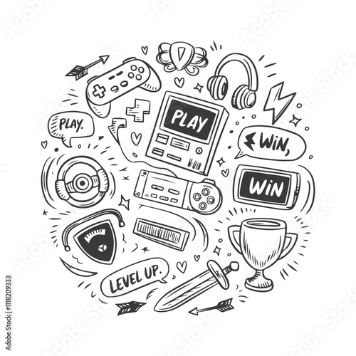 Video game hand drawn doodle set Vector Design Illustration