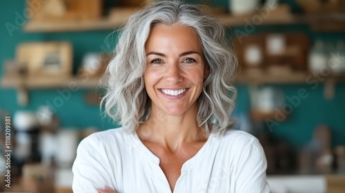 A confident woman with short, curly gray hair and genuinely smiling expression stands in a well-lit, creative environment, evoking warmth, wisdom, and tranquility.