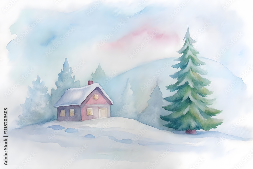 winter landscape with cozy home and christmas tree watercolor isolated on transparent background winter landscape with cozy home and christmas tree watercolor isolated on transparent background
