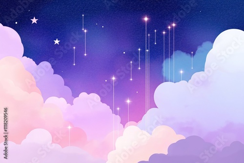 Pink, purple clouds float in starry night sky. Stars shine brightly, seem to fall from night sky. Soft pastel colors create dreamy, magical atmosphere. Perfect for presentations websites related to photo