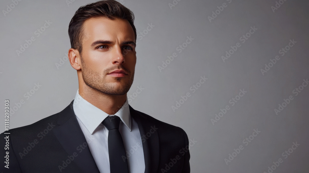 Confident young man in a formal black suit and tie, gazing thoughtfully against a neutral background. Confident young man in a formal black suit and tie, gazing thoughtfully against a neutral background.