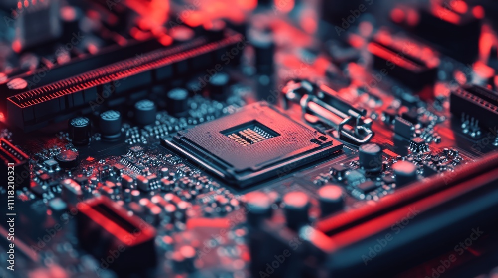 Close-up of a computer motherboard with CPU in red light. Close-up of a computer motherboard with CPU in red light.