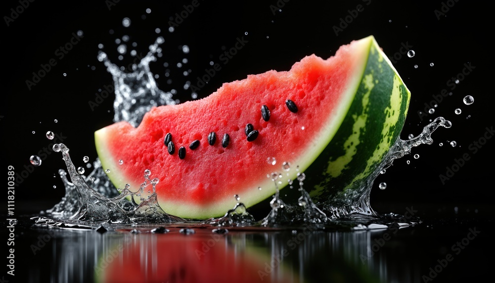 Fresh juicy watermelon slice with water splash on black surface. Watermelon piece vibrant red with black seeds, green stripes. Water droplets, splashes create dynamic visual effect. Perfect for Fresh juicy watermelon slice with water splash on black surface. Watermelon piece vibrant red with black seeds, green stripes. Water droplets, splashes create dynamic visual effect. Perfect for