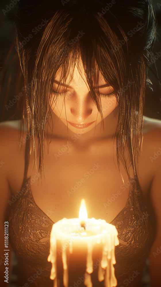 woman gazes at candle, creating serene atmosphere woman gazes at candle, creating serene atmosphere