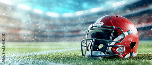 Close-up of a football helmet on a rainy field