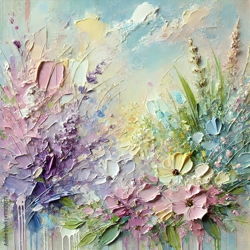 A vibrant painting of blooming flowers in pastel shades, depicted with thick brushstrokes, creating a textured, three-dimensional garden scene