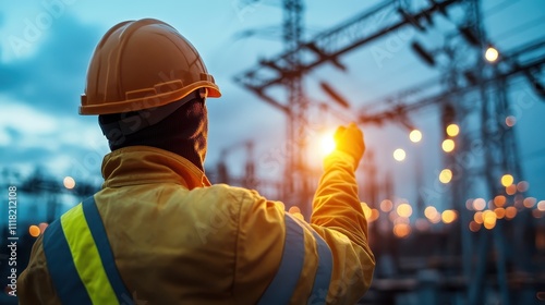An engineer in a high-visibility jacket and yellow hard hat, gazing upwards at the glowing electric power lines amidst the backdrop of a dusky evening.