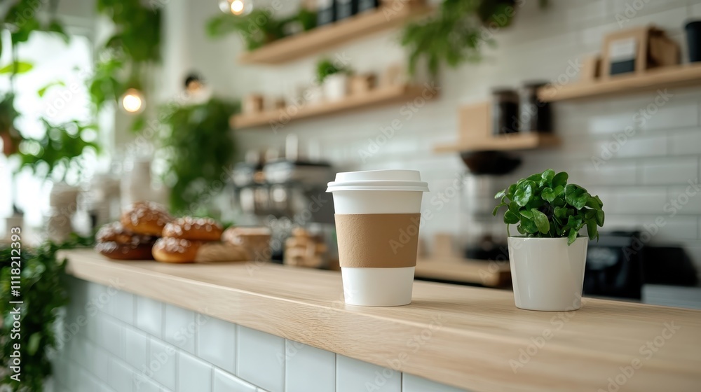 A coffee cup with a brown sleeve sits on a wooden counter beside a small potted plant, with pastries in the background within a cozy cafe setting. A coffee cup with a brown sleeve sits on a wooden counter beside a small potted plant, with pastries in the background within a cozy cafe setting.