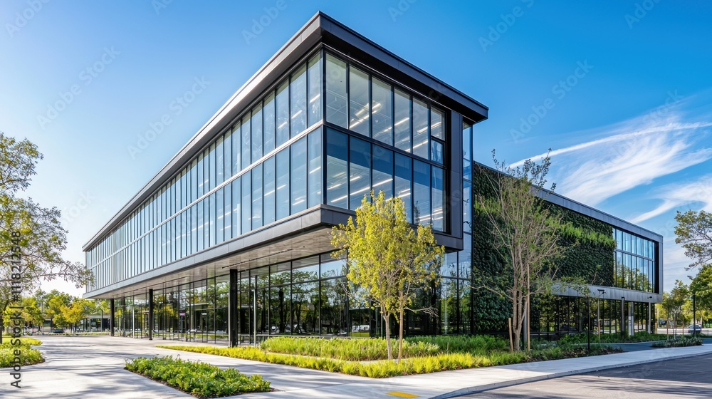 Modern Glass Office Building with Green Wall Exterior Modern Glass Office Building with Green Wall Exterior