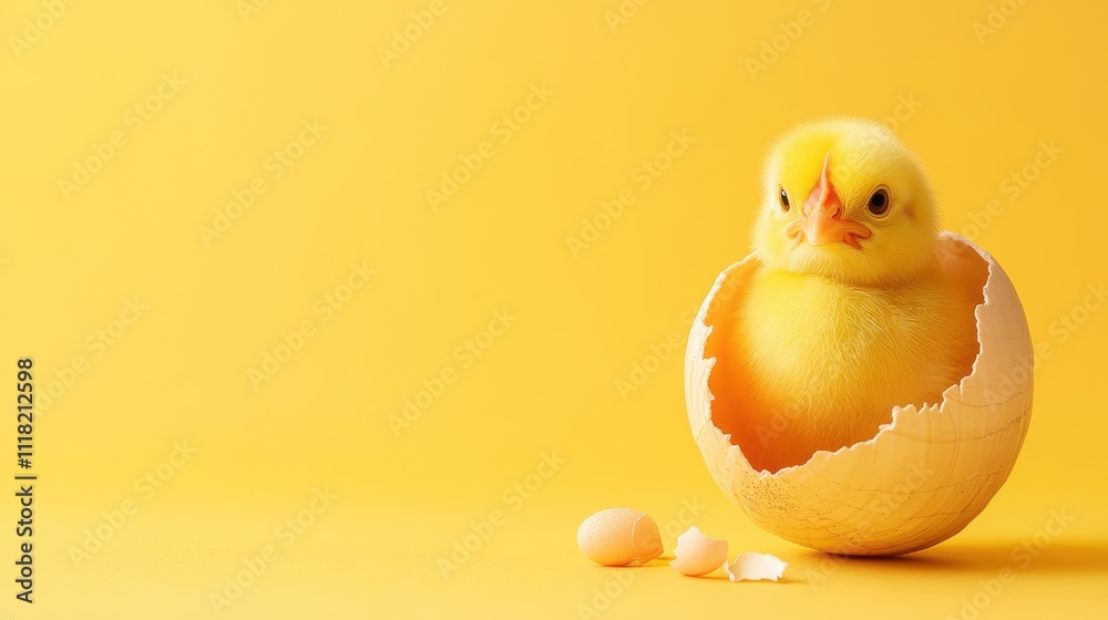 A charming yellow duckling emerges from a cracked eggshell against a vivid yellow backdrop, symbolizing new life and the beauty of fresh beginnings. A charming yellow duckling emerges from a cracked eggshell against a vivid yellow backdrop, symbolizing new life and the beauty of fresh beginnings.