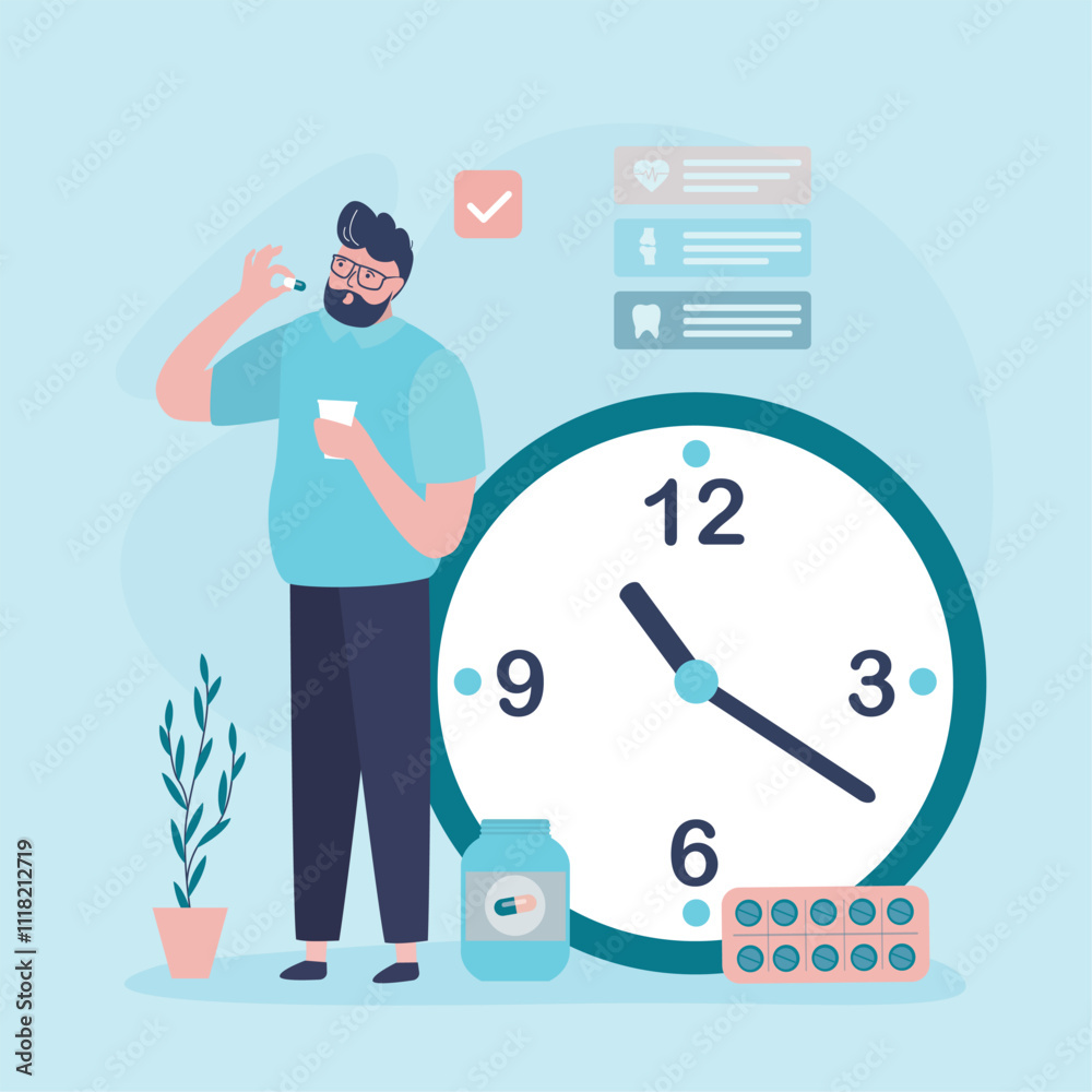 Sick man holds pill and water in hands. Schedule and time of taking medications. Treatment and fight against viruses, healthcare. Guy with medicines. Antibiotic, painkiller. Sick man holds pill and water in hands. Schedule and time of taking medications. Treatment and fight against viruses, healthcare. Guy with medicines. Antibiotic, painkiller.