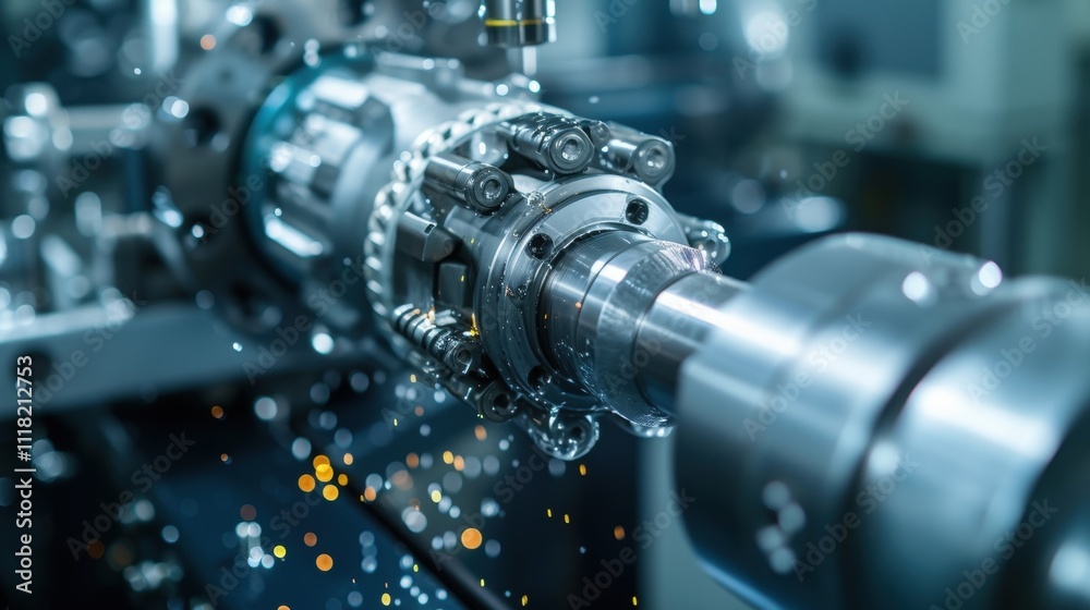 Close up of industrial lathe rotating and making metal shavings during a manufacturing process, showcasing innovative production techniques and precision engineering Close up of industrial lathe rotating and making metal shavings during a manufacturing process, showcasing innovative production techniques and precision engineering