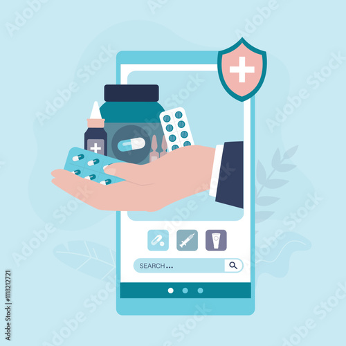 Online pharmacy with a medical app drugstore and e-commerce. Hand holding various medication and pills. Cell phone with drug store online application concept