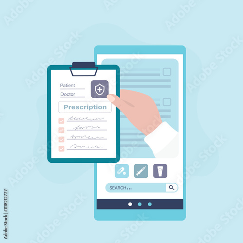 Obtaining or buying prescription drugs. Telemedicine and pharmacy concept, healthcare. Doctor hand give online prescription. Cell phone with drug store online application.