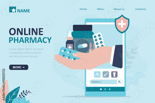 Online pharmacy, landing page template. Medical app drugstore, e-commerce. Hand holding various medication and pills. Cell phone with drug store online application concept