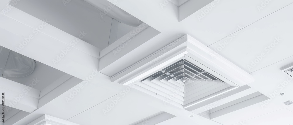 Geometric ventilation design creates intriguing shadows and patterns on a pristine white ceiling. Geometric ventilation design creates intriguing shadows and patterns on a pristine white ceiling.