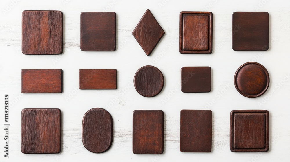 A collection of various wooden shapes arranged on a light background, showcasing different textures and finishes. A collection of various wooden shapes arranged on a light background, showcasing different textures and finishes.