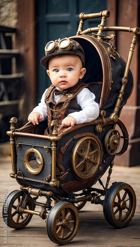 baby in a stylish steampunk stroller on the street. steampunk universe.