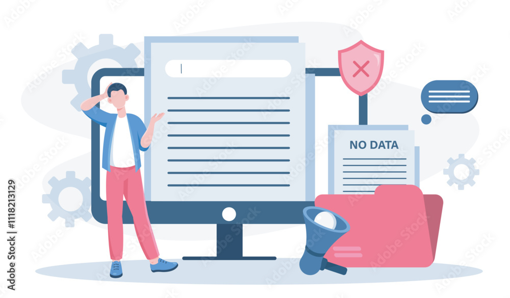 No data concept. Man near empty folder. Lost electronic documents, broken gadget and device memory. Missing documents at server or archive. Flat vector illustration No data concept. Man near empty folder. Lost electronic documents, broken gadget and device memory. Missing documents at server or archive. Flat vector illustration