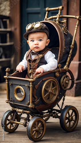 Obraz na płótnie baby in a stylish steampunk stroller on the street. steampunk universe. w salonie