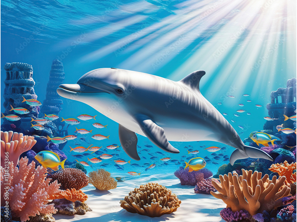 Fototapeta premium 3d Dolphin Coral Colorful Fish Under the Sea 
