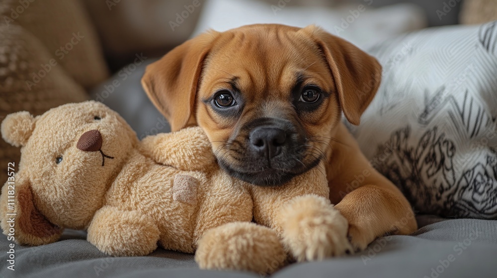 Adorable puggle puppy cuddles a teddy bear on a cozy couch. Adorable puggle puppy cuddles a teddy bear on a cozy couch.