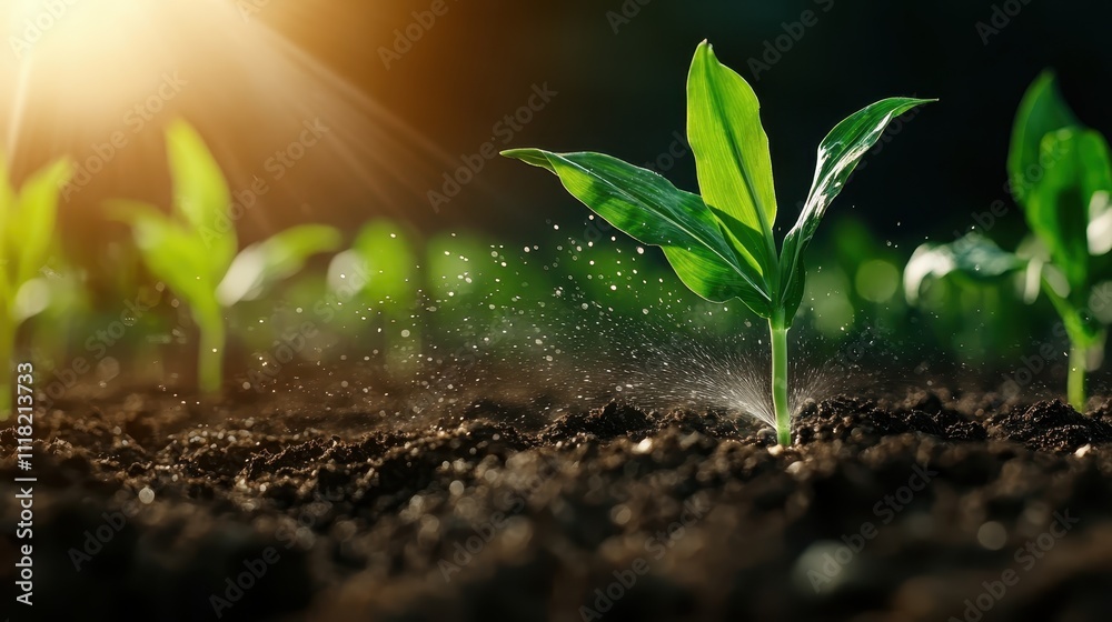 A lush corn seedling, adorned with water drops, flourishes in the gentle morning light, representing the essence of fertility and life in agriculture. A lush corn seedling, adorned with water drops, flourishes in the gentle morning light, representing the essence of fertility and life in agriculture.