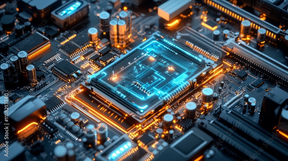 Close-up of a glowing computer motherboard's central processing unit (CPU) with intricate circuitry and components. Close-up of a glowing computer motherboard's central processing unit (CPU) with intricate circuitry and components.