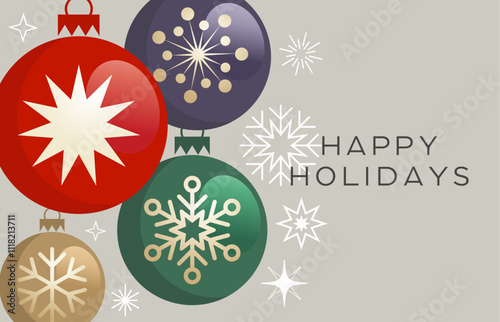 Happy Holidays Christmas card with Christmas balls, 
Christmas greeting card, postcard, modern simple 
style snowflakes, christmas bauble, decoration, 
ornament, Happy Holidays banner printable