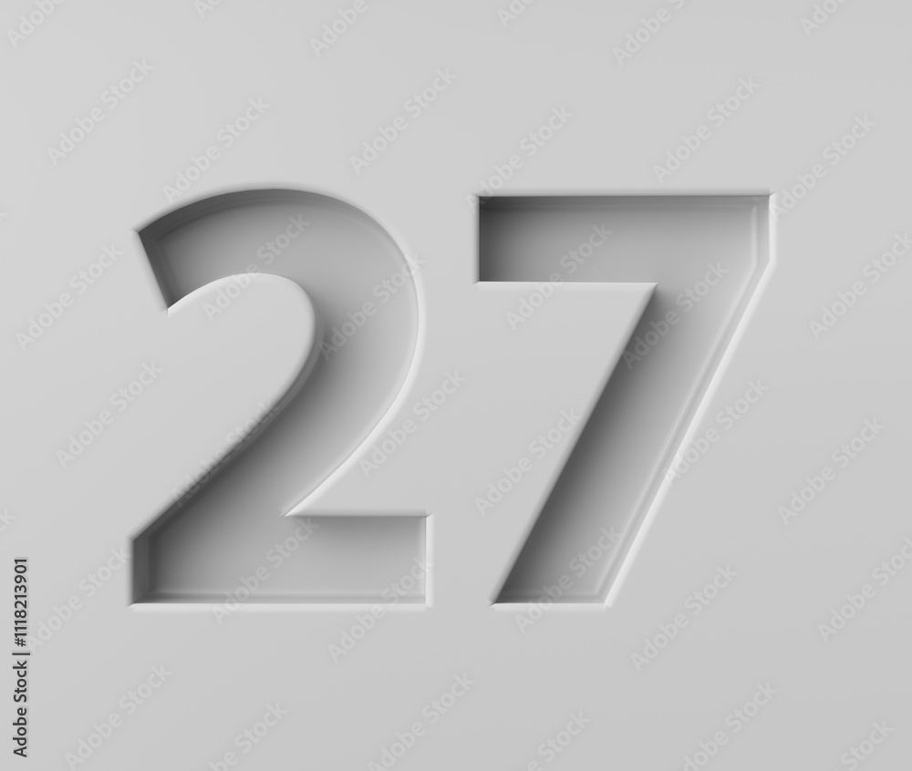 Sleek White Number 27 Twenty Seven With Subtle Shadow Embossed Into Grey Background 3D Illustration Sleek White Number 27 Twenty Seven With Subtle Shadow Embossed Into Grey Background 3D Illustration