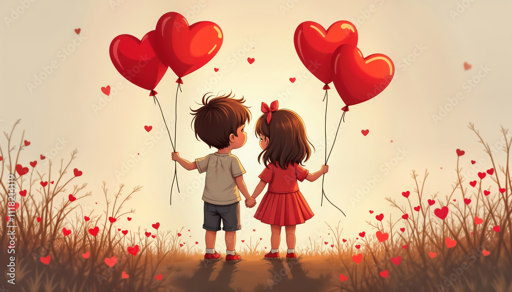 Cute boy, girl hold red heart balloons. Back to back standing together in field with small heart shapes. Lovely illustration Valentine Day celebration. Happy couple enjoying day. Romantic scene for Cute boy, girl hold red heart balloons. Back to back standing together in field with small heart shapes. Lovely illustration Valentine Day celebration. Happy couple enjoying day. Romantic scene for