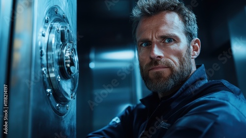 A determined man stands beside a safe in a secure facility, embodying strength and vigilance, highlighting themes of safety, protection, and intense concentration. photo