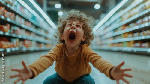 A young child with curly hair is sitting in the middle of a brightly lit grocery store aisle, screaming with arms outstretched, surrounded by shelves of products. photo