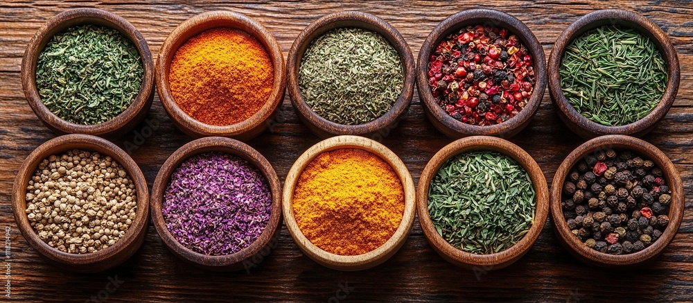 Assortment of Spices in Wooden Bowls on Rustic Wooden Table Assortment of Spices in Wooden Bowls on Rustic Wooden Table