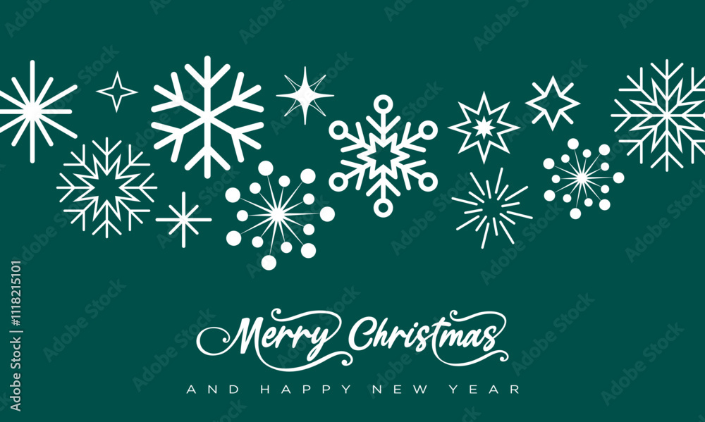 Fototapeta premium Merry Christmas snowflake card background with Merry Christmas text, calligraphy, phrase, modern simple style snowflakes, decoration, ornament, cliparts, Happy Holidays, New year banner printable