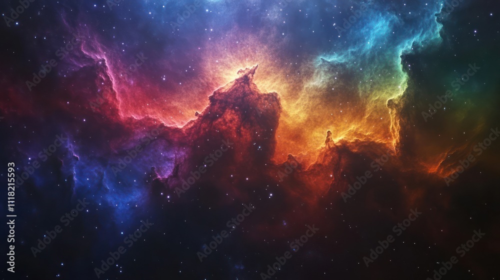 A vibrant nebula with swirling colors of red, orange, blue, and green against a backdrop of twinkling stars. A vibrant nebula with swirling colors of red, orange, blue, and green against a backdrop of twinkling stars.