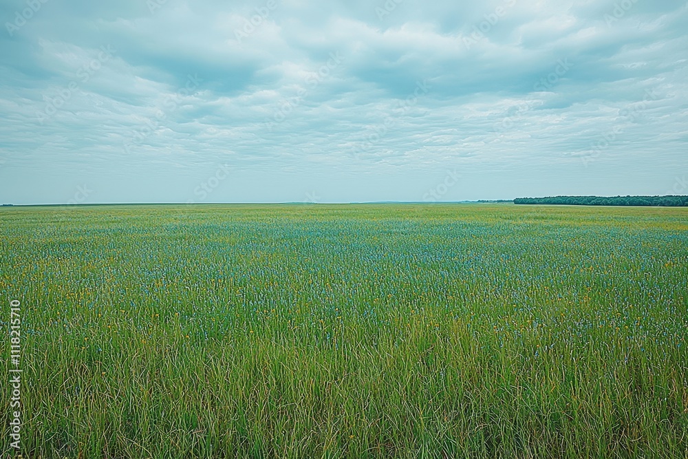 Expansive green meadow under cloudy sky: tranquil nature scene with blue wildflowers Expansive green meadow under cloudy sky: tranquil nature scene with blue wildflowers