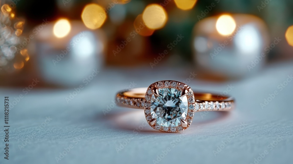 A beautiful halo diamond ring surrounded by smaller diamonds, set against a romantic bokeh background, symbolizing love and admiration within its design.