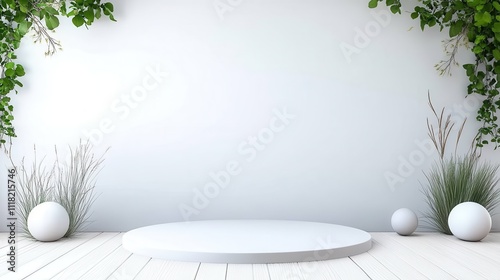 A minimalist white platform surrounded by lush green foliage, with sleek white spheres and delicate plants adding to the serene, natural atmosphere. photo